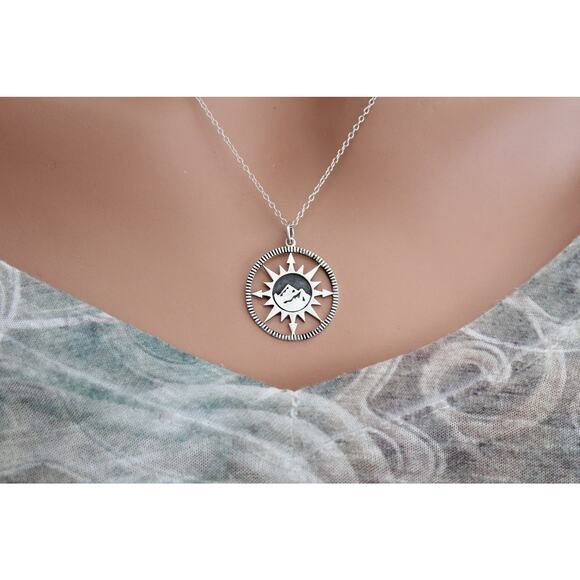 Sterling Silver Compass Pendant with Mountain Center Charm Necklace - Picture 3 of 4